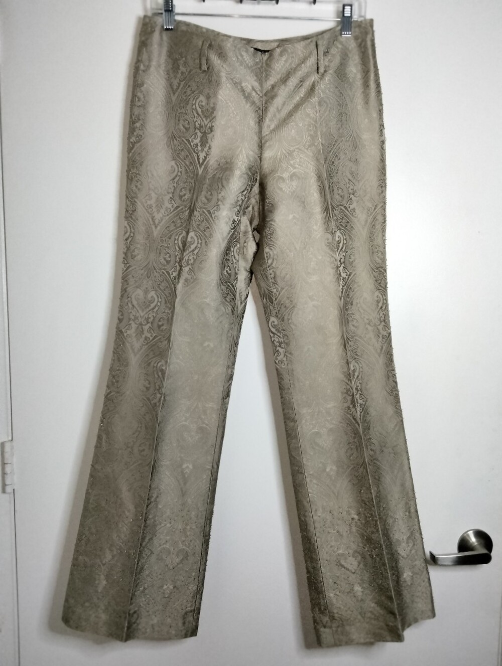 M-A-G Magaschoni (Size 8) Taupe Paisley Jacquard 100% Silk Pull-on Dress Pants